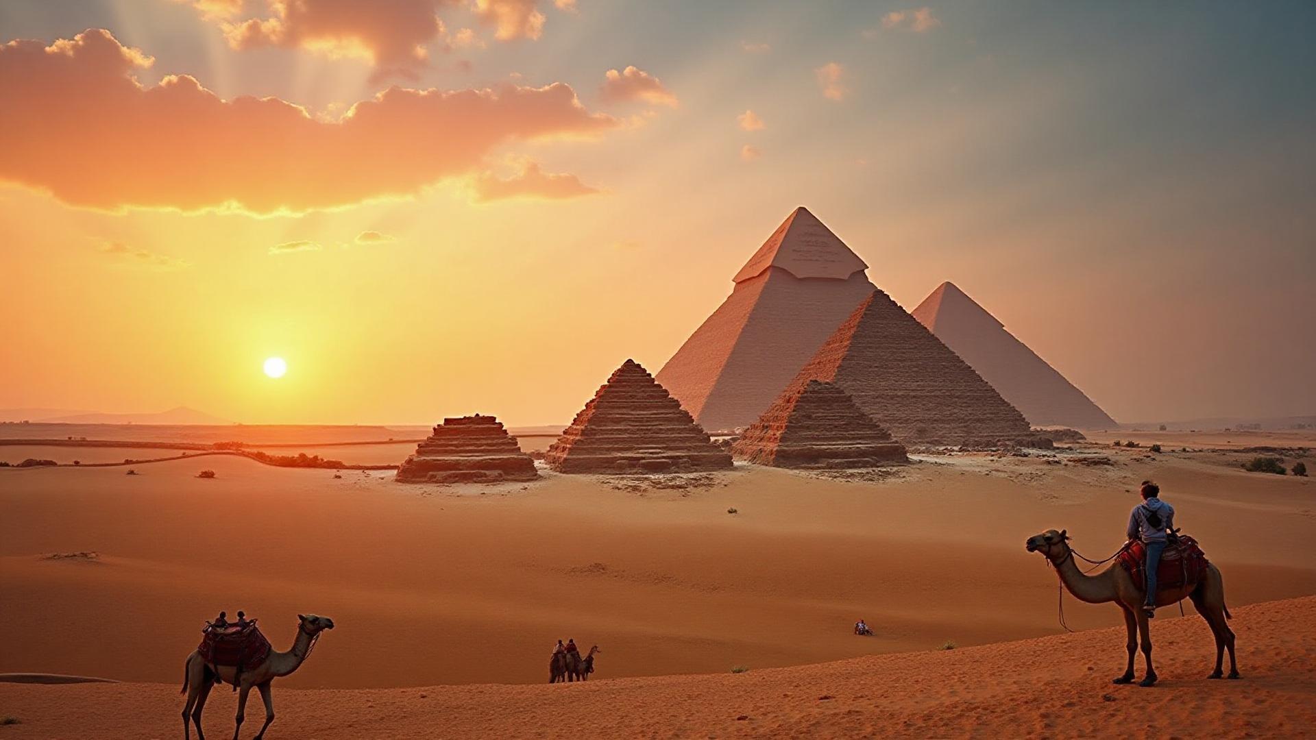 Pirâmides de Gizé no Egito durante o pôr do sol na melhor época para visitar - outono e inverno com clima perfeito